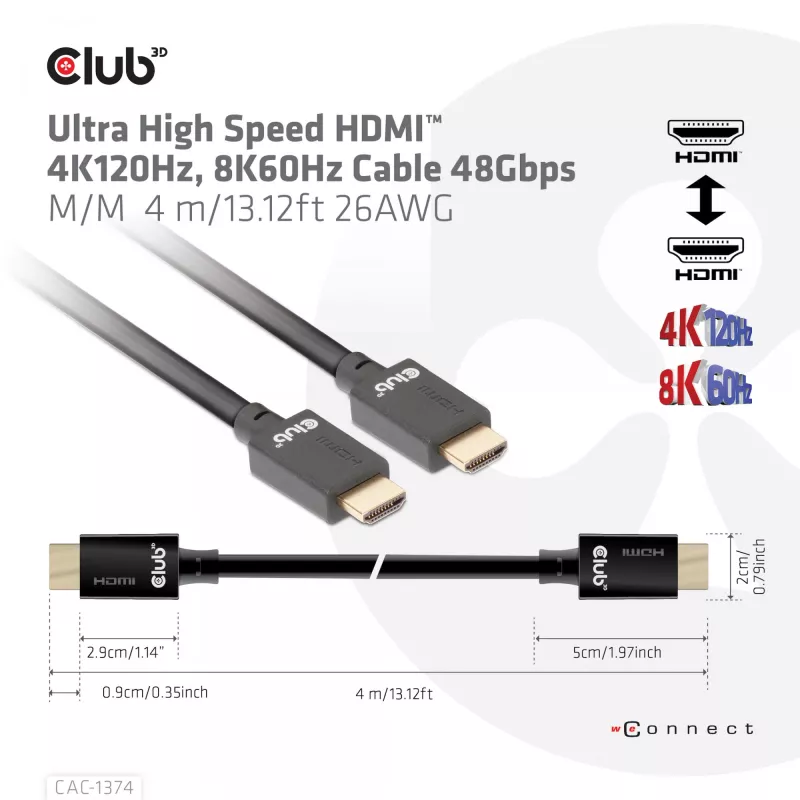 CLUB3D Ultra High Speed HDMI™ 4K120Hz, 8K60Hz kabelis 48Gbps M/M 4 m/13.12ft 26AWG