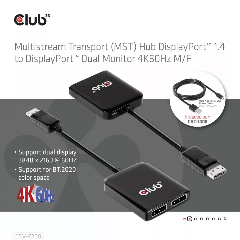 MST centrmezgls DisplayPort 1.4 uz DisplayPort + HDMI 4K60Hz CLUB3D CSV-7220