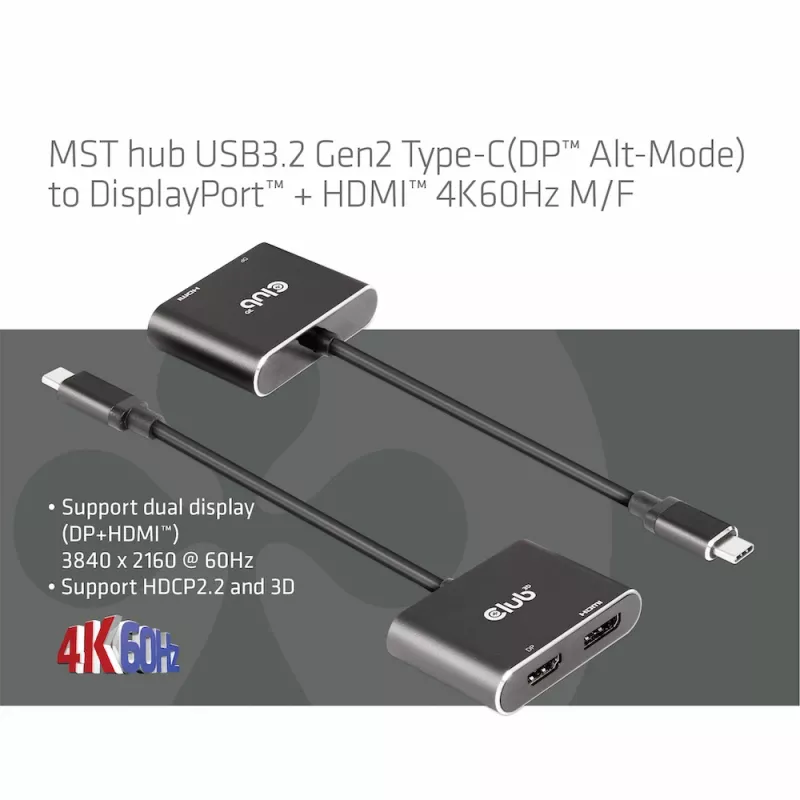 CLUB3D MST centrmezgls USB3.2 Gen2 Type-C(DP Alt-Mode) uz DisplayPort + HDMI 4K60Hz M/F
