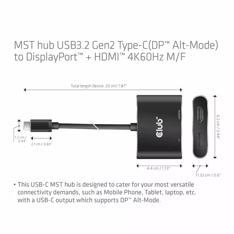CLUB3D MST centrmezgls USB3.2 Gen2 Type-C(DP Alt-Mode) uz DisplayPort + HDMI 4K60Hz M/F