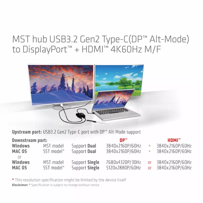 CLUB3D MST centrmezgls USB3.2 Gen2 Type-C(DP Alt-Mode) uz DisplayPort + HDMI 4K60Hz M/F