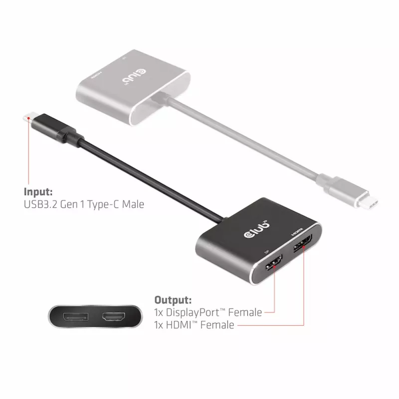 CLUB3D MST centrmezgls USB3.2 Gen2 Type-C(DP Alt-Mode) uz DisplayPort + HDMI 4K60Hz M/F