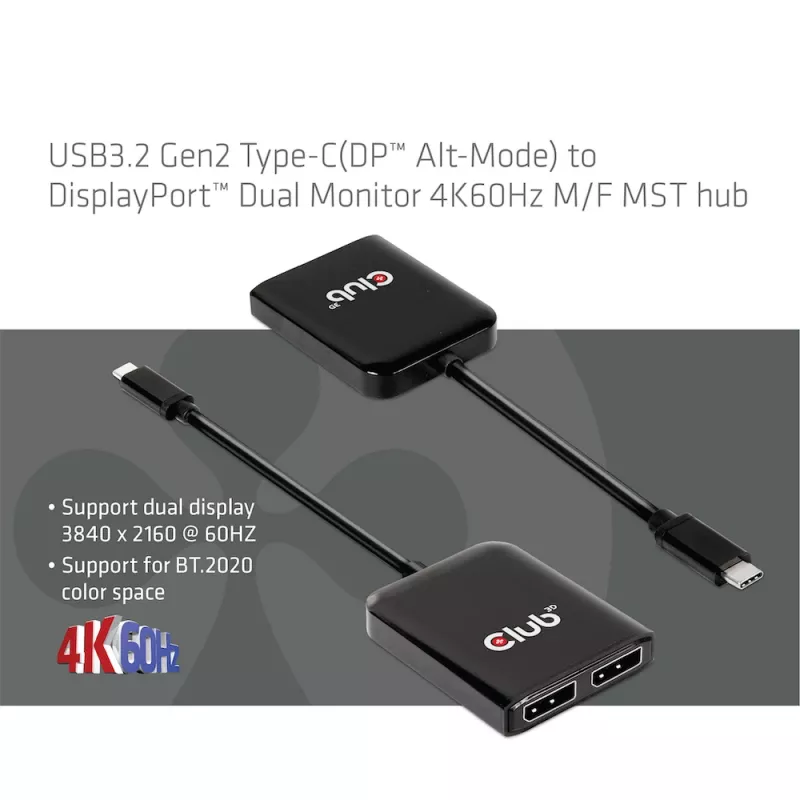 CLUB3D USB3.2 Gen2 Type-C(DP™ Alt-Mode) uz DisplayPort™ divu monitoru 4K60Hz M/F MST centrmezgls