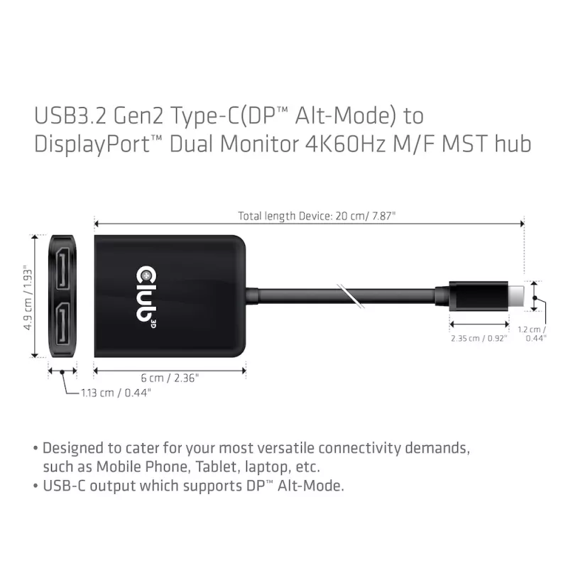 CLUB3D USB3.2 Gen2 Type-C(DP™ Alt-Mode) uz DisplayPort™ divu monitoru 4K60Hz M/F MST centrmezgls