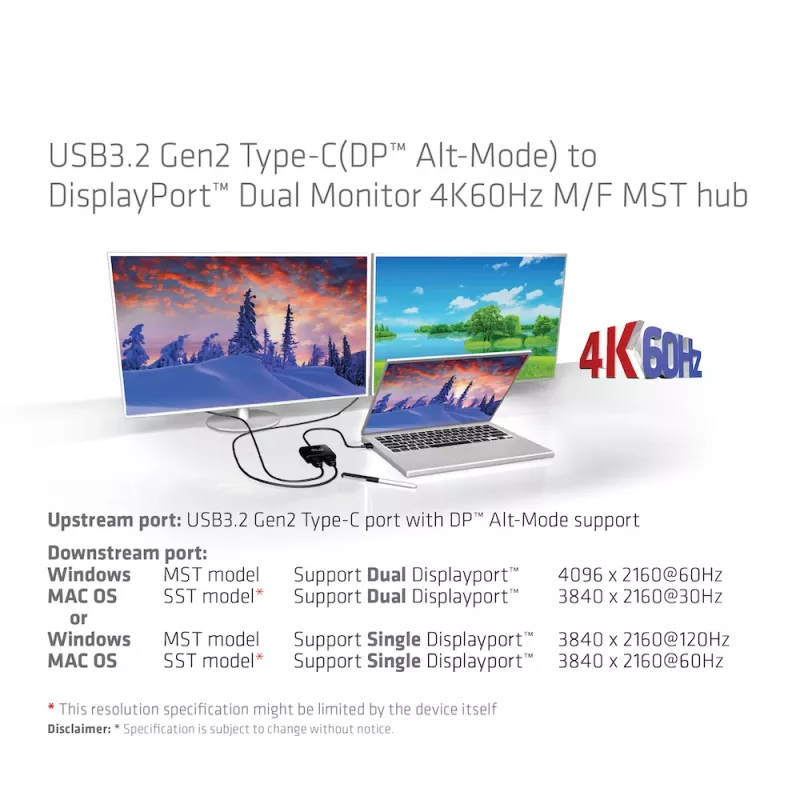 CLUB3D USB3.2 Gen2 Type-C(DP™ Alt-Mode) uz DisplayPort™ divu monitoru 4K60Hz M/F MST centrmezgls