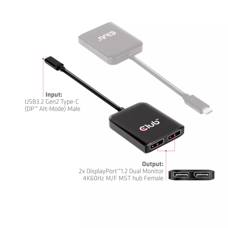 CLUB3D USB3.2 Gen2 Type-C(DP™ Alt-Mode) uz DisplayPort™ divu monitoru 4K60Hz M/F MST centrmezgls