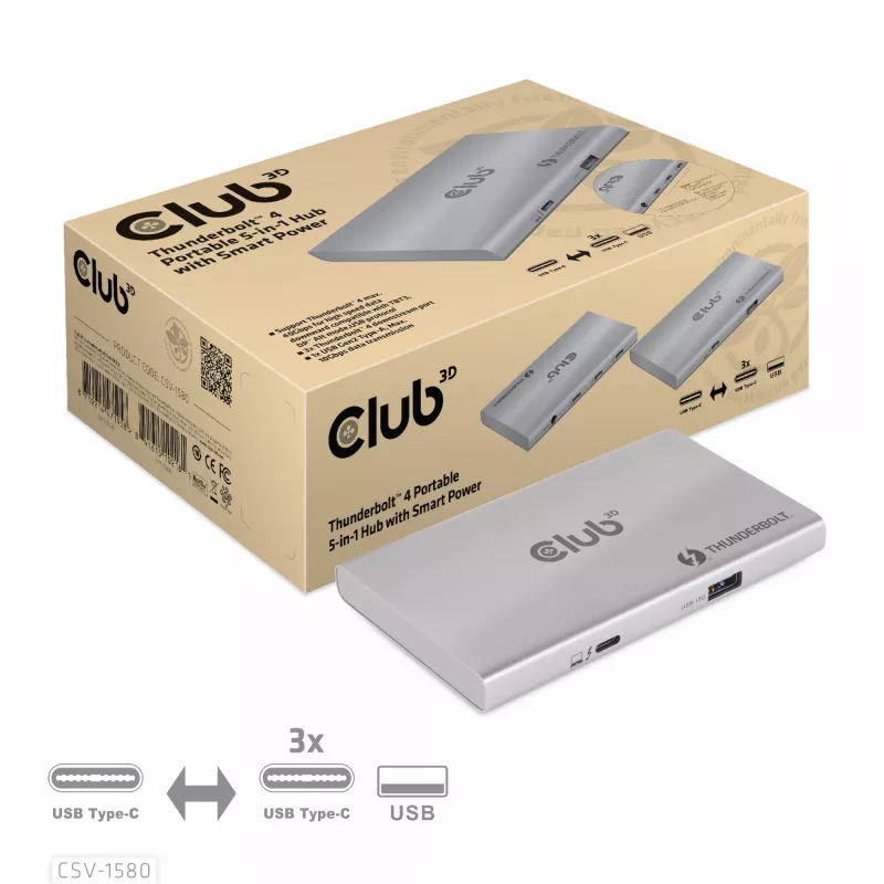 CLUB3D Certified Thunderbolt™4 Portable 5-in-1 Hub ar Smart Power