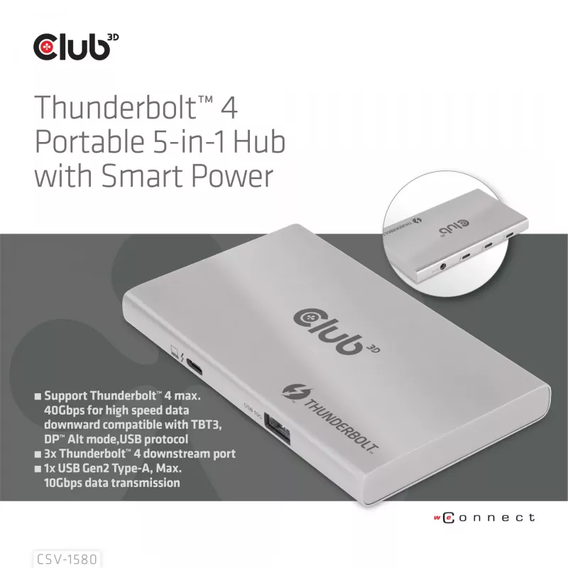 CLUB3D Certified Thunderbolt™4 Portable 5-in-1 Hub ar Smart Power