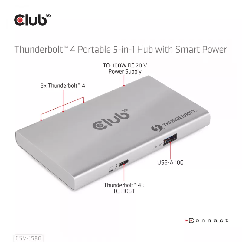 CLUB3D Certified Thunderbolt™4 Portable 5-in-1 Hub ar Smart Power
