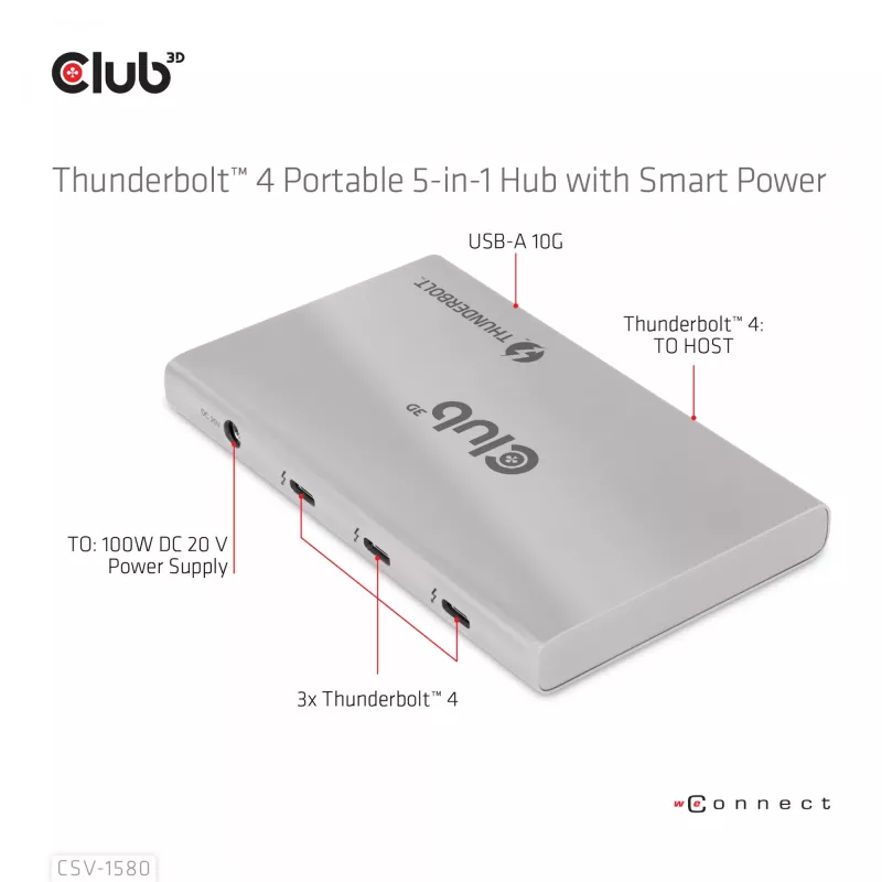 CLUB3D Certified Thunderbolt™4 Portable 5-in-1 Hub ar Smart Power