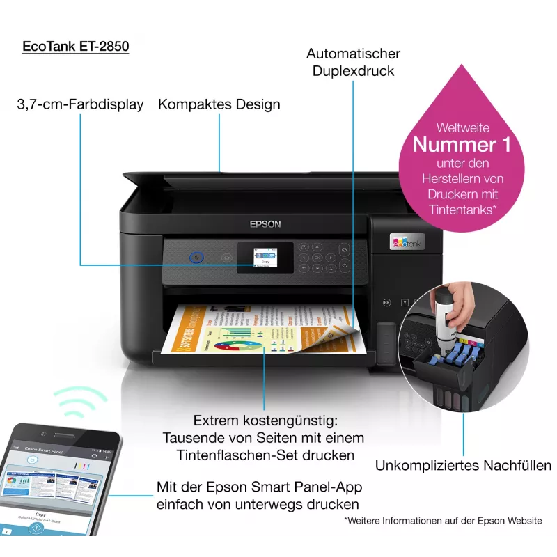 Epson EcoTank ET-2850 A4 daudzfunkciju Wi-Fi tintes tvertnes printeris