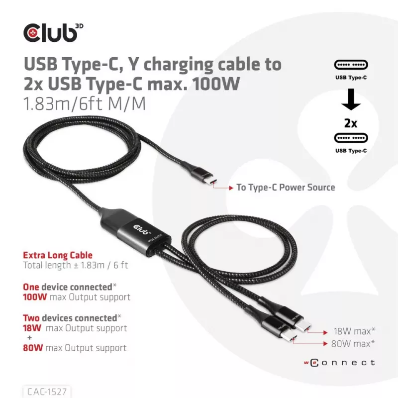 CLUB3D USB Type-C, Y uzlādes kabelis ar 2x USB Type-C, maks. 100W, 1,83m/6ft M/M
