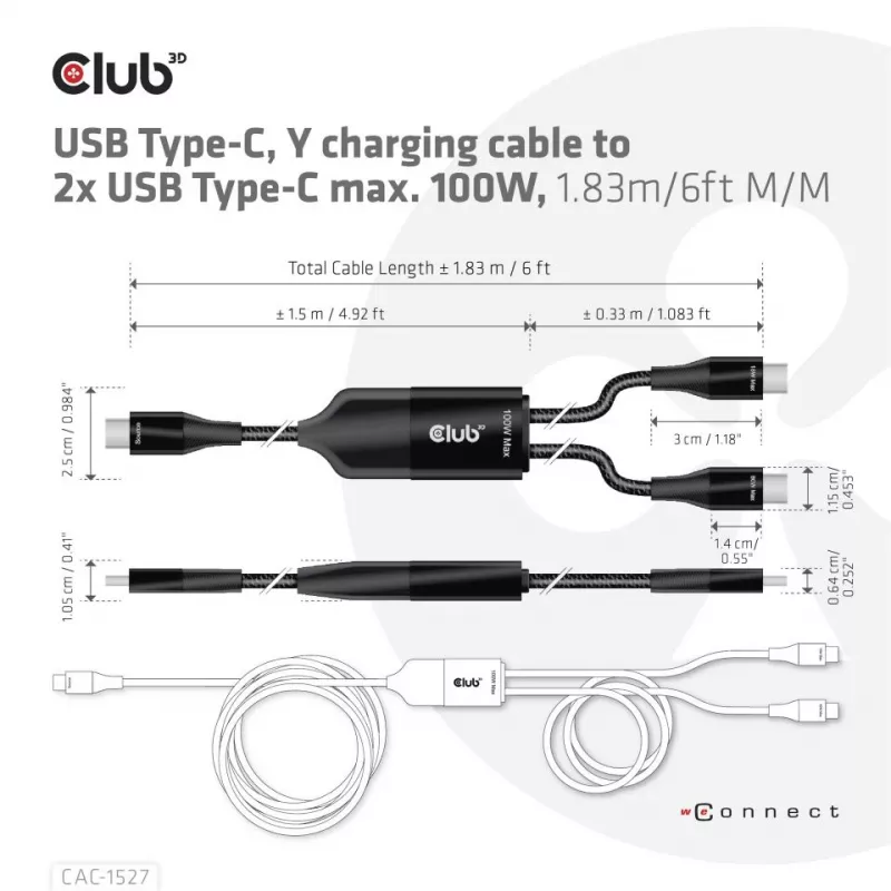 CLUB3D USB Type-C, Y uzlādes kabelis ar 2x USB Type-C, maks. 100W, 1,83m/6ft M/M