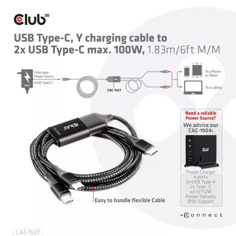 CLUB3D USB Type-C, Y uzlādes kabelis ar 2x USB Type-C, maks. 100W, 1,83m/6ft M/M