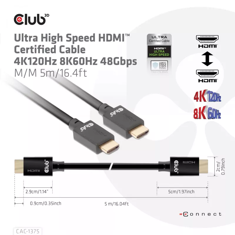 CLUB3D Ultra High Speed HDMI™ sertificēts kabelis 4K120Hz 8K60Hz 48Gbps M/M 5m/16.4ft