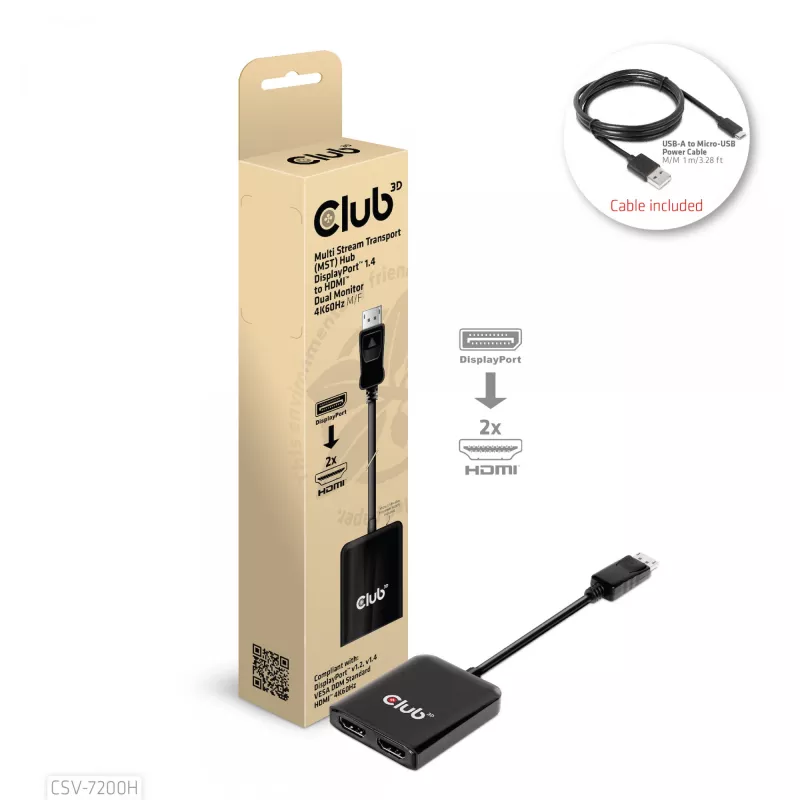CLUB3D Multi Stream Transport (MST) centrmezgls DisplayPort 1.4–HDMI diviem 4K60Hz monitoriem M/F