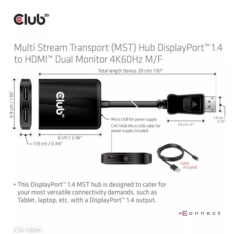 CLUB3D Multi Stream Transport (MST) centrmezgls DisplayPort 1.4–HDMI diviem 4K60Hz monitoriem M/F