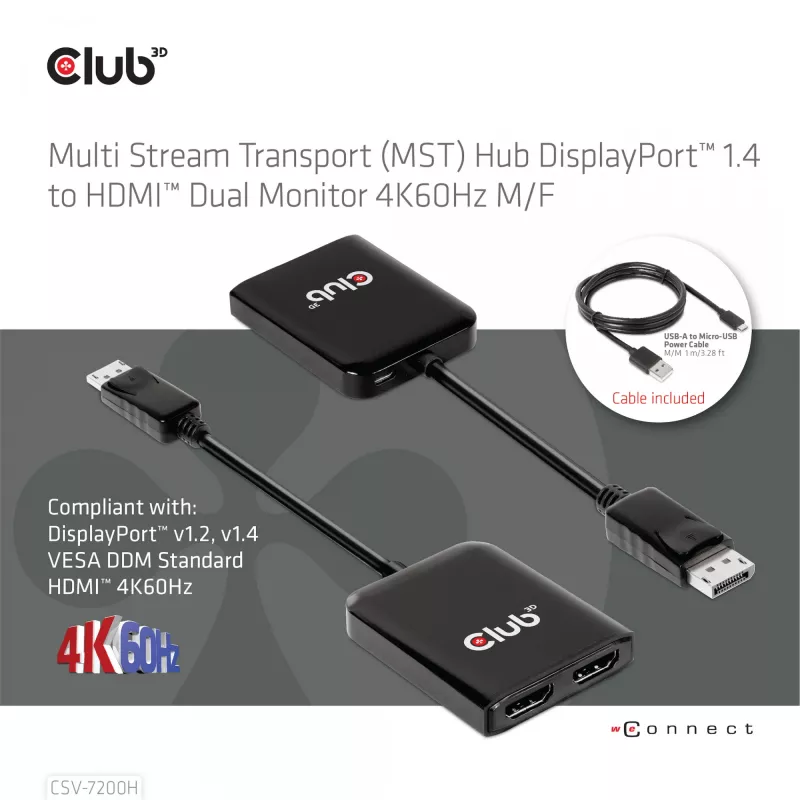 CLUB3D Multi Stream Transport (MST) centrmezgls DisplayPort 1.4–HDMI diviem 4K60Hz monitoriem M/F
