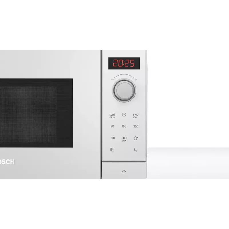 Solo mikroviļņu krāsns Bosch Serie 2 FFL023MW0 — 800 W, 20 L, 5 jaudas līmeņi, 270 mm pagrieziena galds, balta