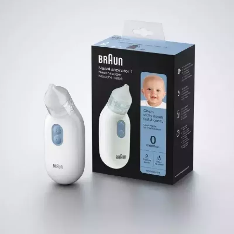 Elektriskais deguna aspirators BRAUN BNA 100 — ar baterijām darbināms, regulējama sūkšana, noņemami uzgaļi, balts