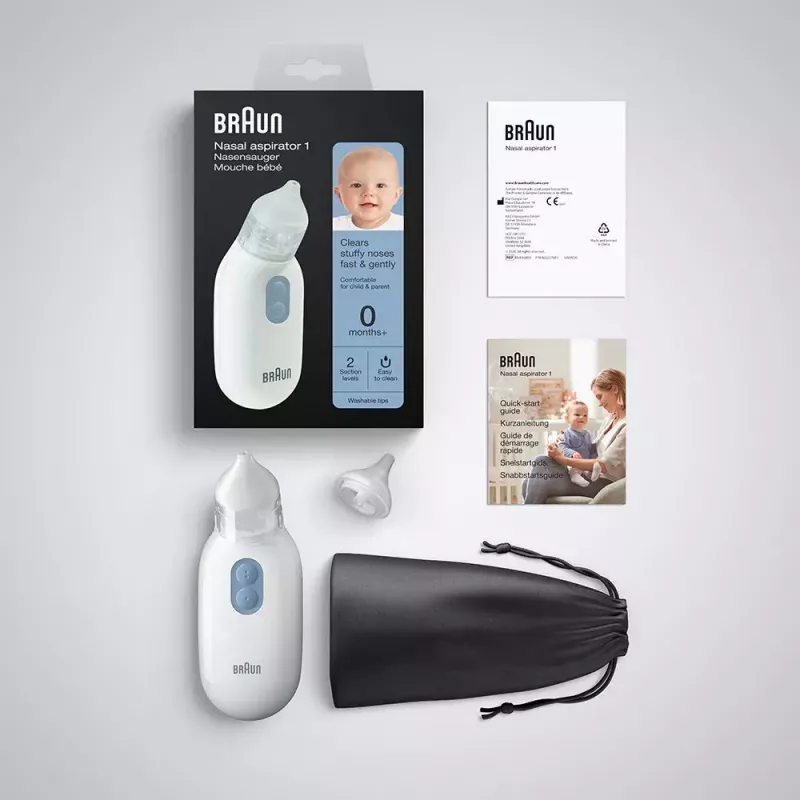 Elektriskais deguna aspirators BRAUN BNA 100 — ar baterijām darbināms, regulējama sūkšana, noņemami uzgaļi, balts