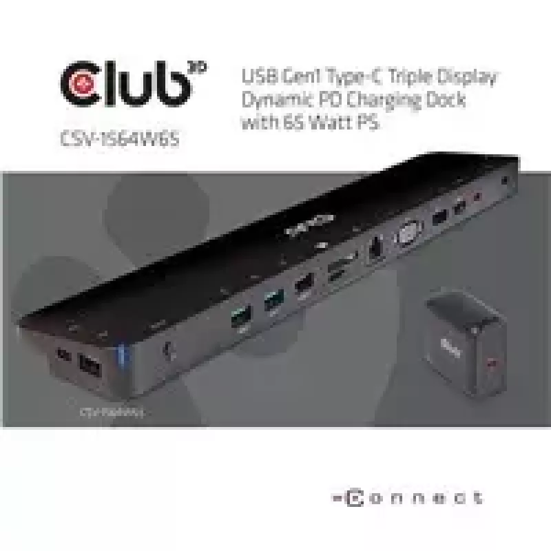 CLUB3D UNIVERSAL USB Gen1 Type-C Triple Display Dynamic PD Charging Dock ar 65 W barošanas bloku (VGA, HDMI, DP, ETHERNET)