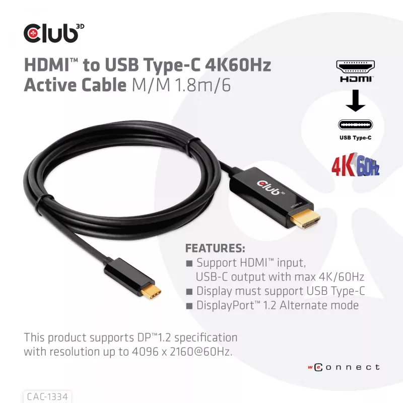 CLUB3D HDMI uz USB Type-C 4K60Hz aktīvais kabelis M/M 1,8 m/6 pēdas