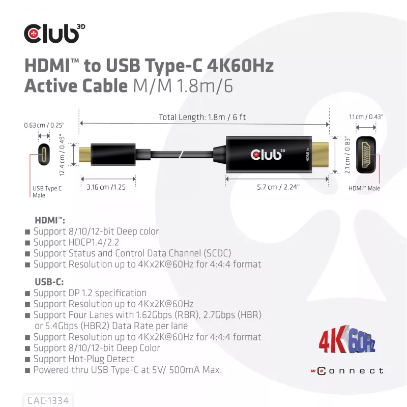 CLUB3D HDMI uz USB Type-C 4K60Hz aktīvais kabelis M/M 1,8 m/6 pēdas