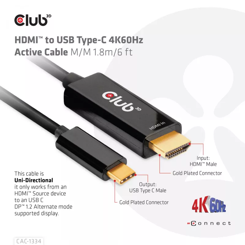 CLUB3D HDMI uz USB Type-C 4K60Hz aktīvais kabelis M/M 1,8 m/6 pēdas