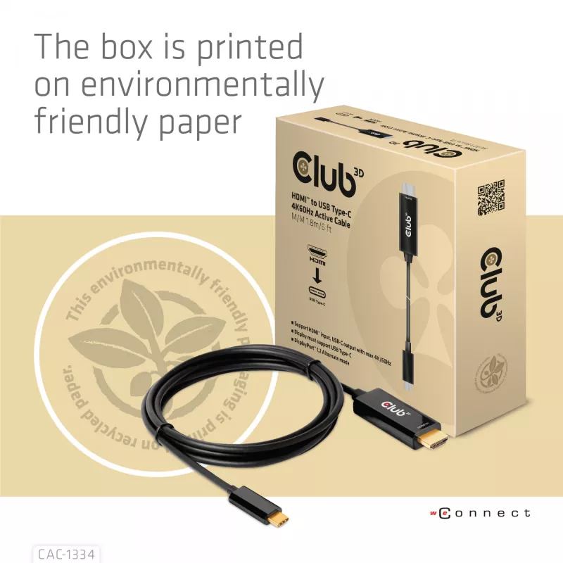 CLUB3D HDMI uz USB Type-C 4K60Hz aktīvais kabelis M/M 1,8 m/6 pēdas