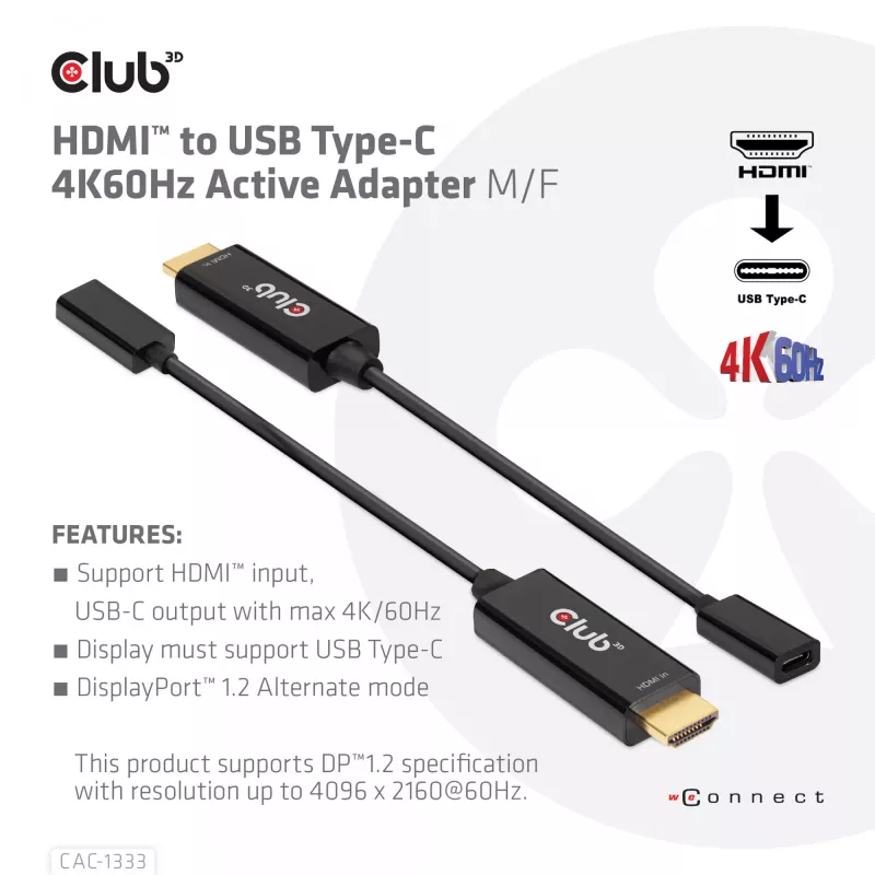 CLUB3D HDMI uz USB Type-C aktīvais adapteris 4K60Hz M/F