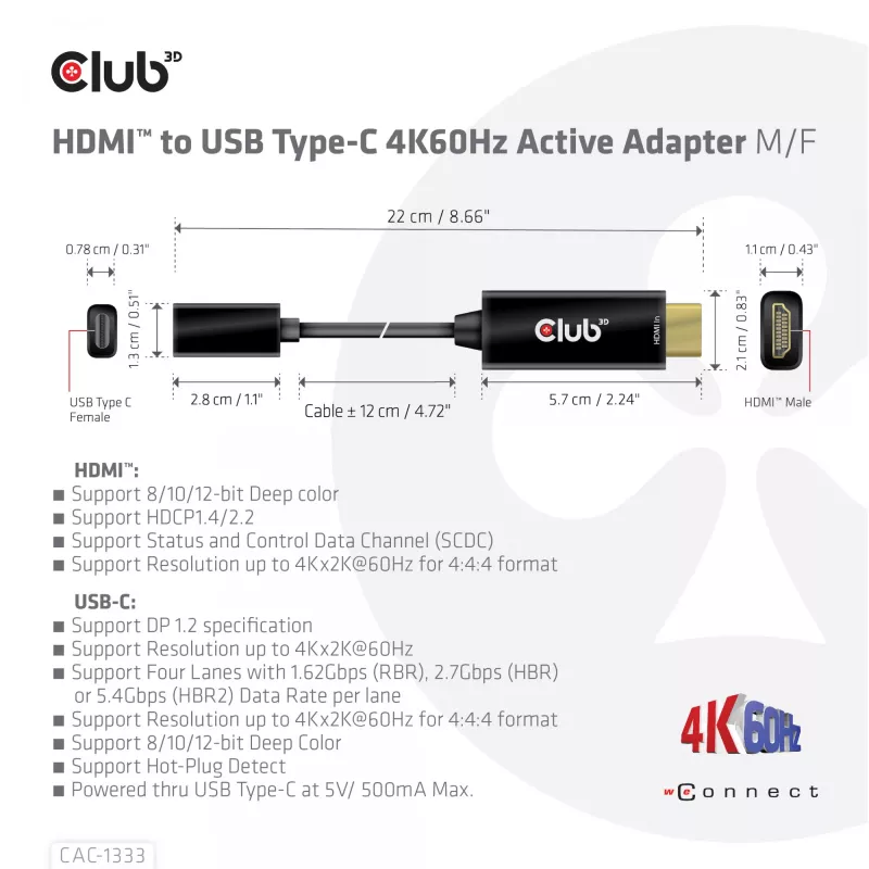 CLUB3D HDMI uz USB Type-C aktīvais adapteris 4K60Hz M/F