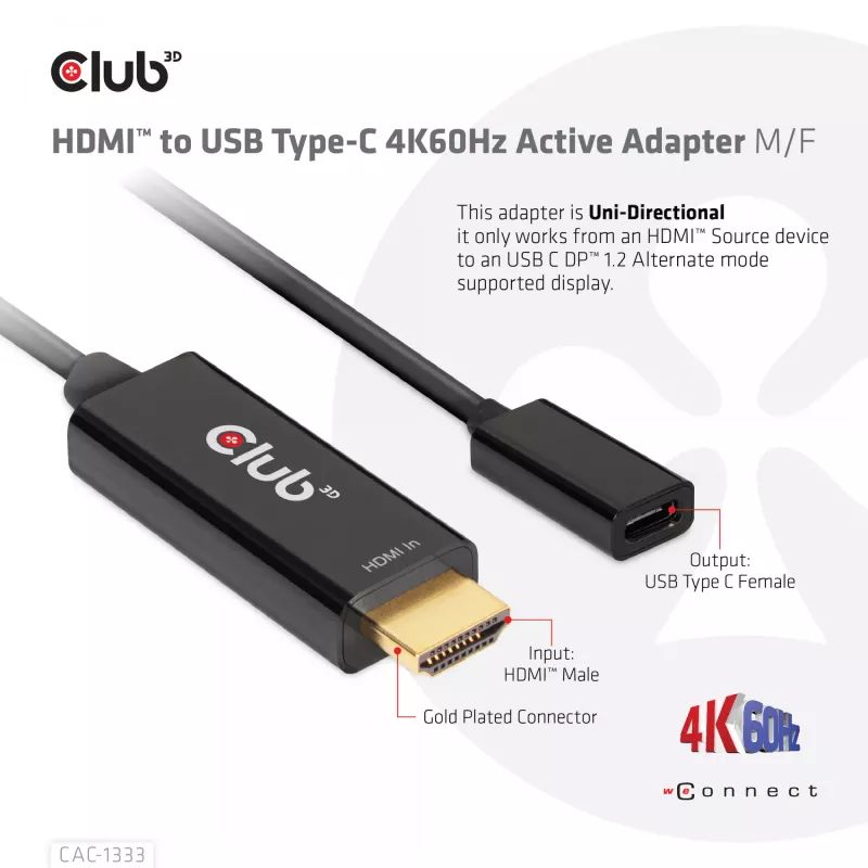 CLUB3D HDMI uz USB Type-C aktīvais adapteris 4K60Hz M/F