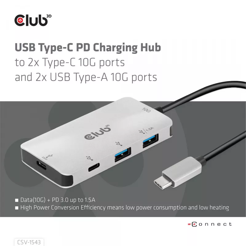 CLUB3D USB Gen2 Type-C PD uzlādes centrs ar 2x Type-C 10G portiem un 2x USB Type-A 10G portiem