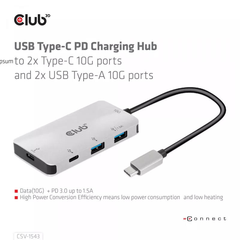 CLUB3D USB Gen2 Type-C PD uzlādes centrs ar 2x Type-C 10G portiem un 2x USB Type-A 10G portiem