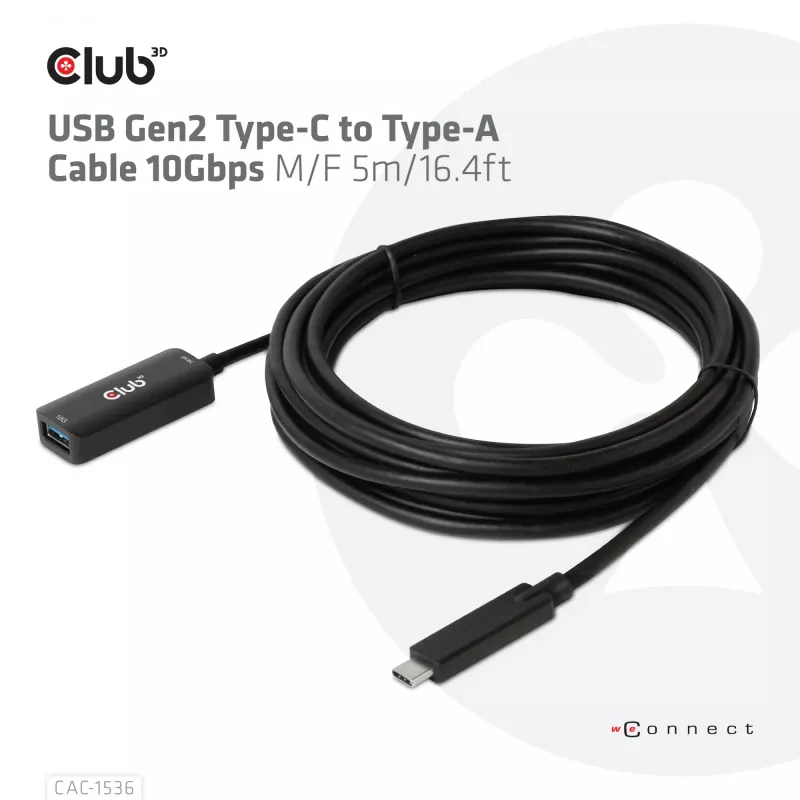 CLUB3D USB Gen2 Type-C uz Type-A kabelis 10Gbps M/F 5m/16.4ft