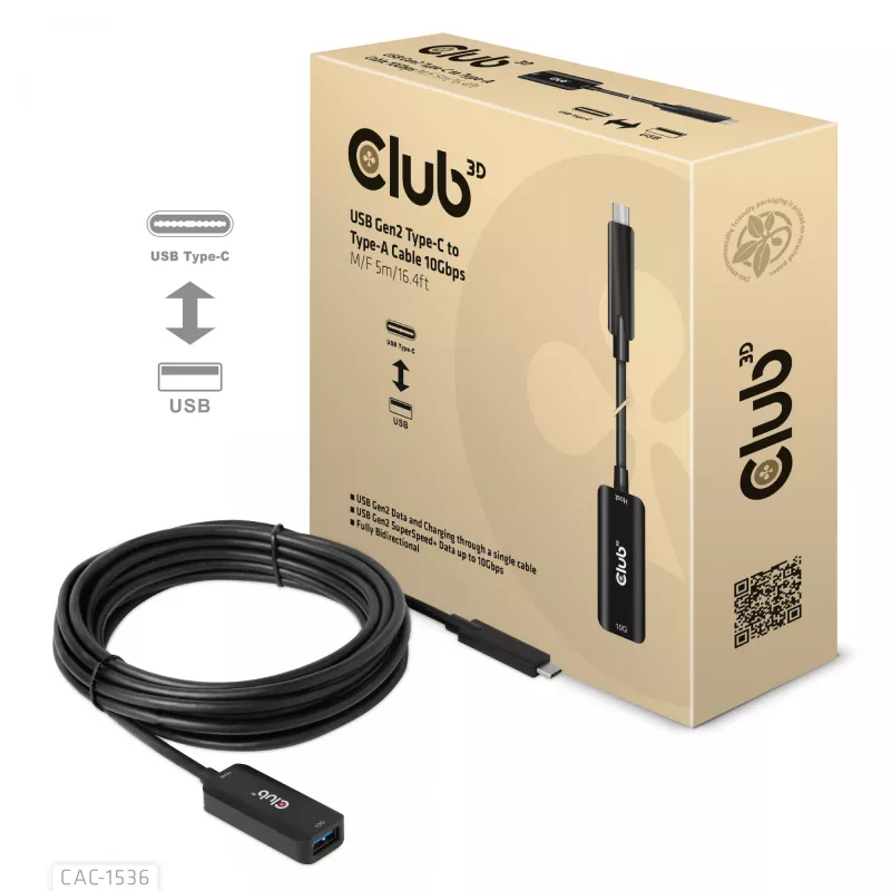 CLUB3D USB Gen2 Type-C uz Type-A kabelis 10Gbps M/F 5m/16.4ft