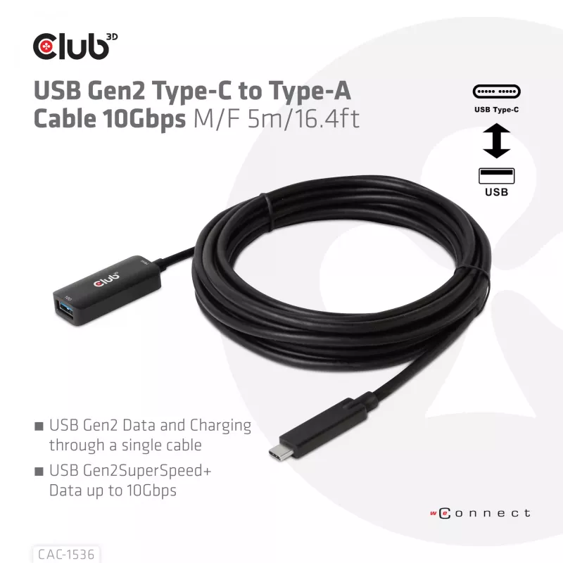 CLUB3D USB Gen2 Type-C uz Type-A kabelis 10Gbps M/F 5m/16.4ft