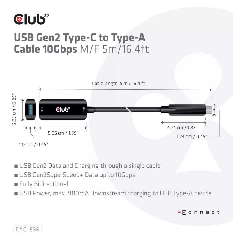CLUB3D USB Gen2 Type-C uz Type-A kabelis 10Gbps M/F 5m/16.4ft