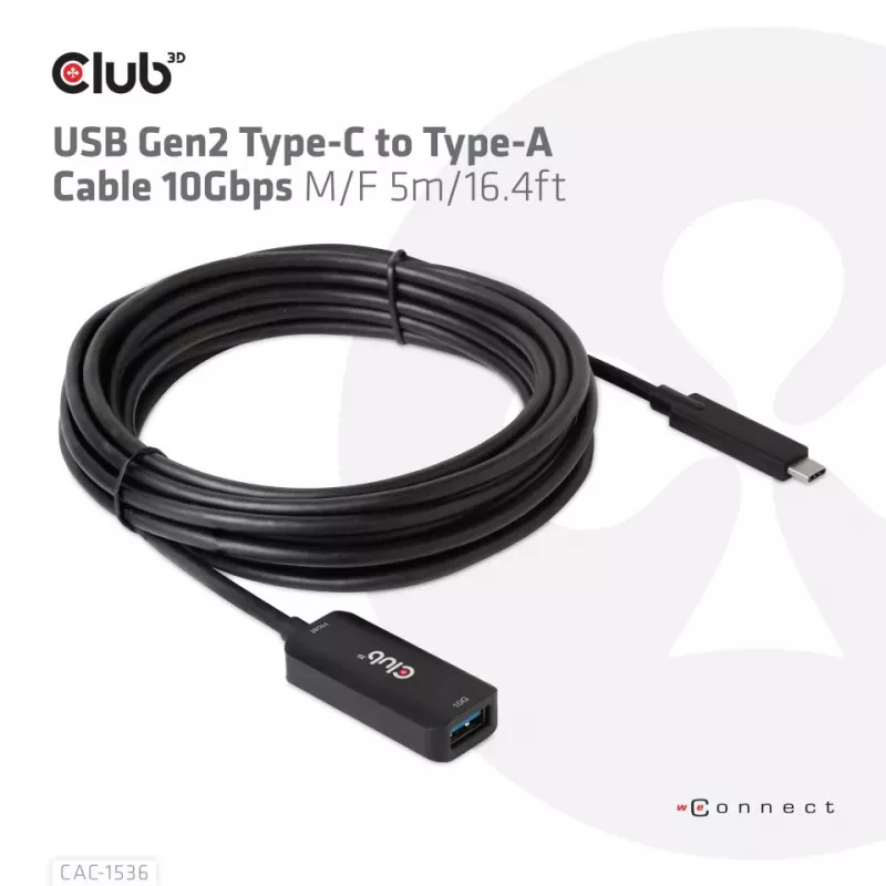 CLUB3D USB Gen2 Type-C uz Type-A kabelis 10Gbps M/F 5m/16.4ft