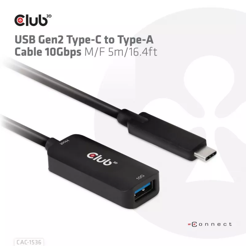 CLUB3D USB Gen2 Type-C uz Type-A kabelis 10Gbps M/F 5m/16.4ft