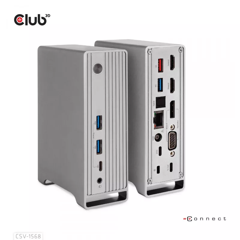 Doko stacija CLUB3D CSV-1568 metāla korpuss USB Gen2 Type-C USB Gen2 Type-A HDMI DP VGA RJ45 120W