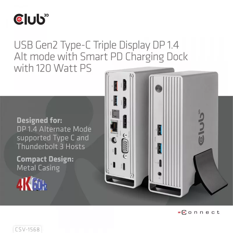 Doko stacija CLUB3D CSV-1568 metāla korpuss USB Gen2 Type-C USB Gen2 Type-A HDMI DP VGA RJ45 120W