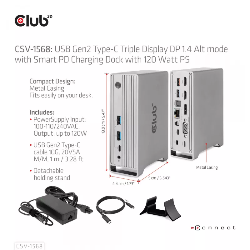 Doko stacija CLUB3D CSV-1568 metāla korpuss USB Gen2 Type-C USB Gen2 Type-A HDMI DP VGA RJ45 120W