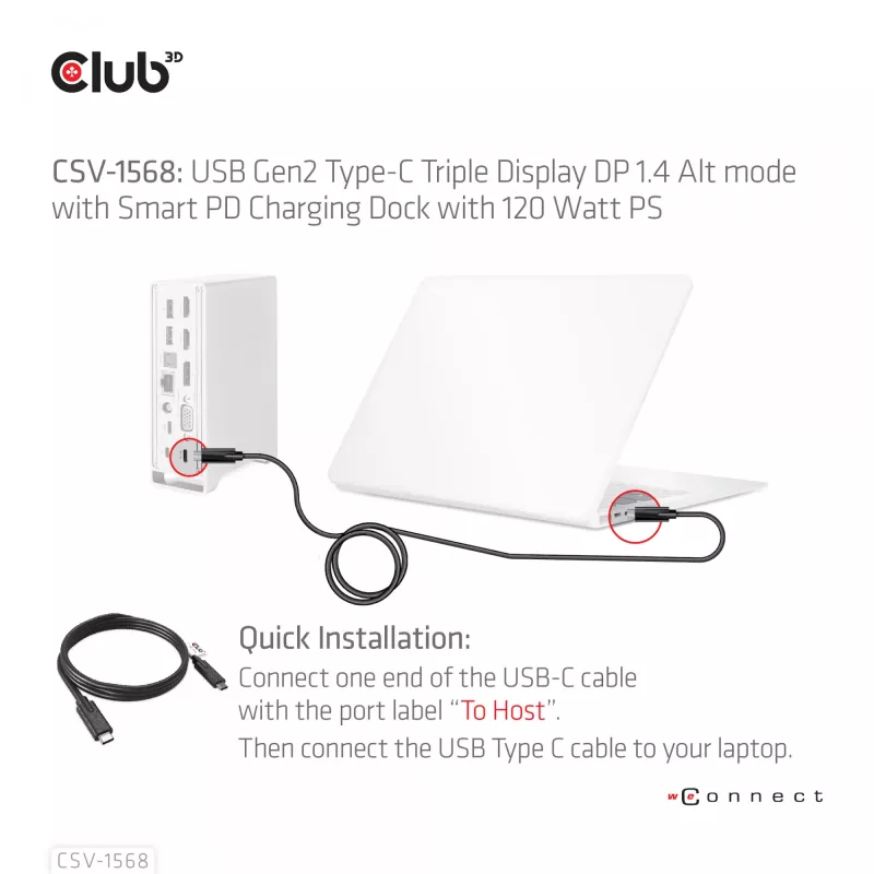 Doko stacija CLUB3D CSV-1568 metāla korpuss USB Gen2 Type-C USB Gen2 Type-A HDMI DP VGA RJ45 120W