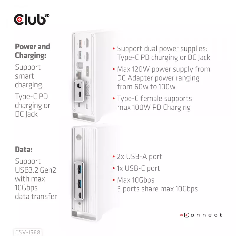 Doko stacija CLUB3D CSV-1568 metāla korpuss USB Gen2 Type-C USB Gen2 Type-A HDMI DP VGA RJ45 120W