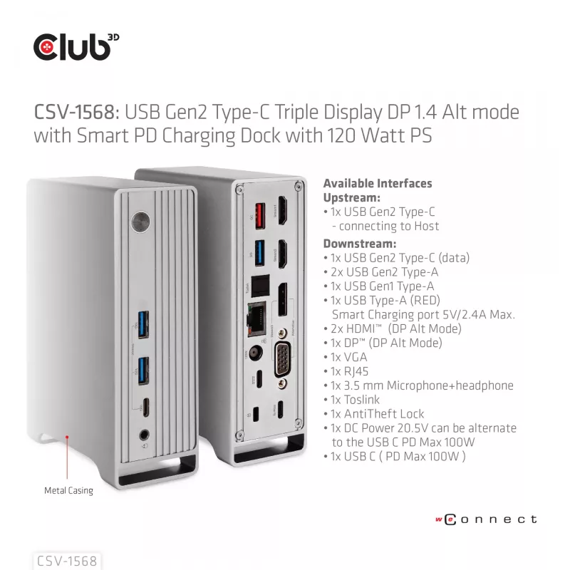 Doko stacija CLUB3D CSV-1568 metāla korpuss USB Gen2 Type-C USB Gen2 Type-A HDMI DP VGA RJ45 120W