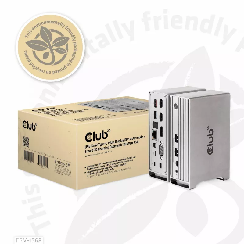 Doko stacija CLUB3D CSV-1568 metāla korpuss USB Gen2 Type-C USB Gen2 Type-A HDMI DP VGA RJ45 120W