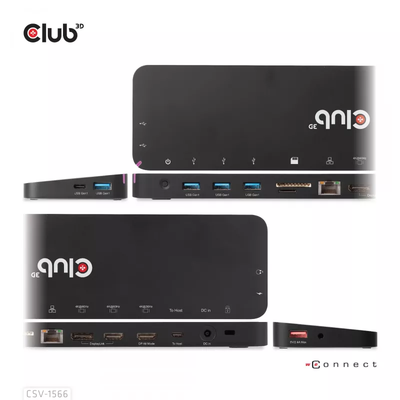 CLUB3D USB Gen1 Type-C Triple Display DP Alt mode Displaylink Dynamic PD Charging Dock ar 120 W barošanas bloku