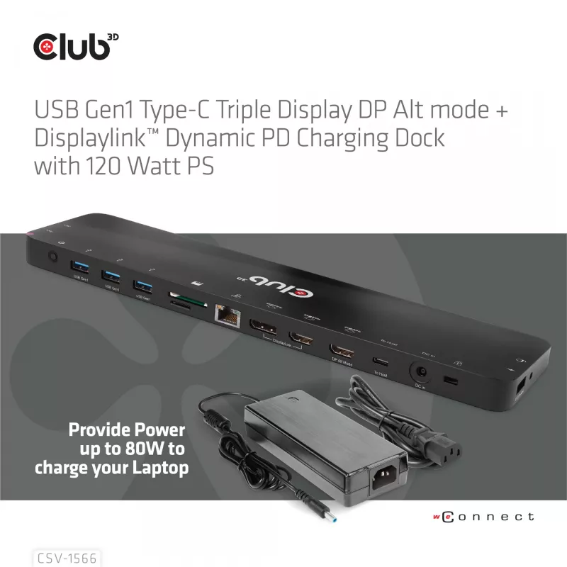 CLUB3D USB Gen1 Type-C Triple Display DP Alt mode Displaylink Dynamic PD Charging Dock ar 120 W barošanas bloku